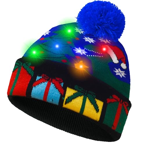 YOUYIKE Julmössa LED, stickad varm, rolig tomtemössa blinkande med ljus, julmössor vuxna upplyst för kvinnor män, Stil-11, one size