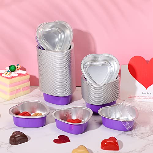 Mini Aluminum Foil Cake Pan With Clear Lids 55 Ml/ 1.86 Oz Heart Shaped Foil Cupcake Cups Disposable Aluminum Dessert Baking Cups Pans For Valentine Wedding Mother's Day Parties (Purple, 200 Sets) #TOP3