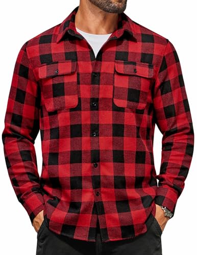COOFANDY Men's Flannel Shirts Long Sleeve Lightweight Button Down Plaid Shirt Casual Untucked Shirt Red