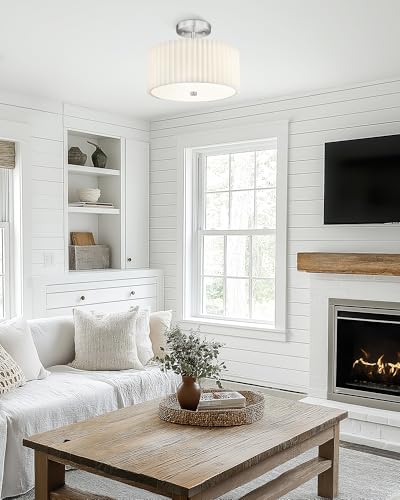 Image of Semi Flush Mount Ceiling Light, 3-Light 12.5 inch Ceiling Light Fixture with White Pleated Fabric Shade, Brushed Nickel Drum Lamp for Nursery Hallway Bedroom Kitchen, AD-25036-3SF-SN
