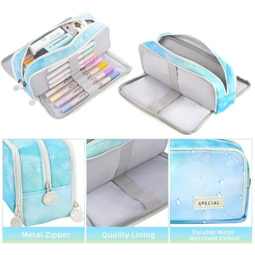 Image of Canvas School Bag Pencil Case, 3 Layer 6 Compartment Large Capacity, Aesthetic Pencil Pouch for Stationary, Cute Stationery for Kids, Pencil Case for Girls & Boys (Rainbow Sky Blue)