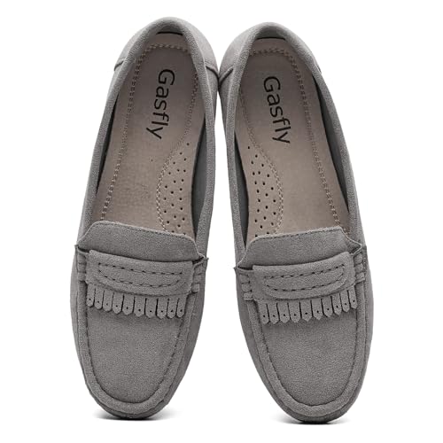 Image of Women's 7.5 Grey Fabric Loafers Slip On Work Shoes Comfort Walking Shoes