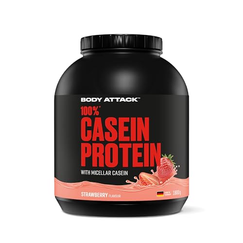 Body Attack 100% CASEIN PROTEIN - Strawberry, 1,8 kg Dose - Hochwertiges Protein Pulver für Muskelaufbau Training - langanhaltende Eiweiß Versorgung -ideale Ergänzung zu Whey Protein