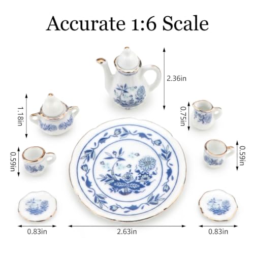 Image of Miniature Tea Set 1 /6 Scale Dollhouse Accessories Porcelain Blue Flower