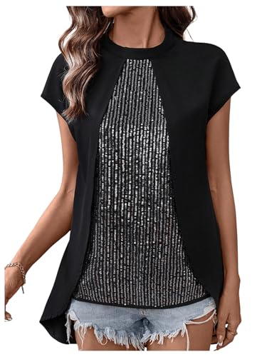 SweatyRocks Women's Sparkly Sequin Blouse Crew Neck Short Sleeve Asymmetrical Party Tops