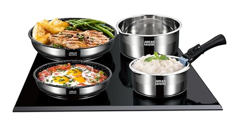 Arthur Martin, Ensemble de Cuisine 8 pièces en Acier Inoxydable - 3 Poêles (20-24-26 cm), 2 Casseroles (16-20 cm), 2 Couvercles en Verre, Poignée, Tous Feux Induction, Intérieur Anti-Adhérent – Image 4