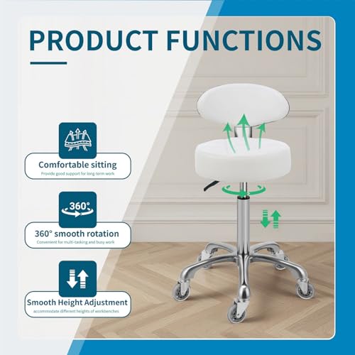 Image of Kaleurrier Rolling Stool with Back Support: Adjustable Height 22-30 inches for Nail Lash Tech Stylist - Heavy Duty Stool Chair with Wheels for Salon Shop Office Kitchen Garage White