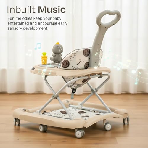 Image of Baybee 3-in-1 Convertible Baby Walker for 6-18 Months with Rocking Mode, Removable Toy Bar, Inbuilt Music, 3-Level Height Adjustment, Smooth Wheels & Parental Handle | Foldable Infant Activity Walker with Cushioned Seat (Beige)