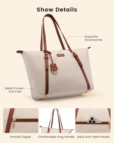 LOVEVOOK Laptop Bag for Women with Large Cup Holder, 15.6 Inch Cute Nylon Work Travel Tote Bags, Waterproof Computer Bag Shoulder Purse, Beige - 4