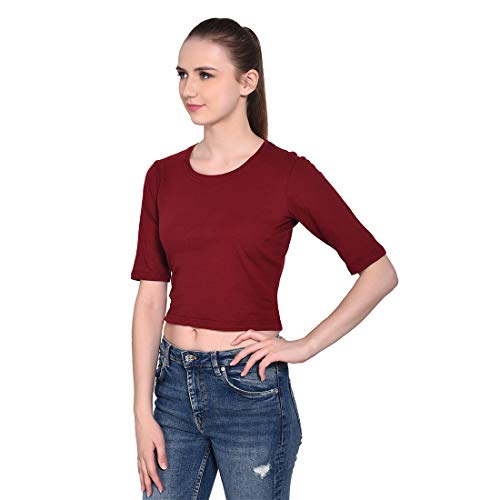 Image of Geum Women's Cotton Round Neck Half Sleeve Maroon Crop Top (Maroon, Large)