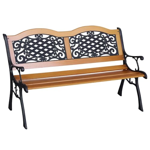 Outsunny 50" Outdoor Garden Bench, Patio Bench with Wood Seat, Porch Bench with Antique-Like Flourishes for Backyard, Deck, Lawn, Outside Pool, Teak