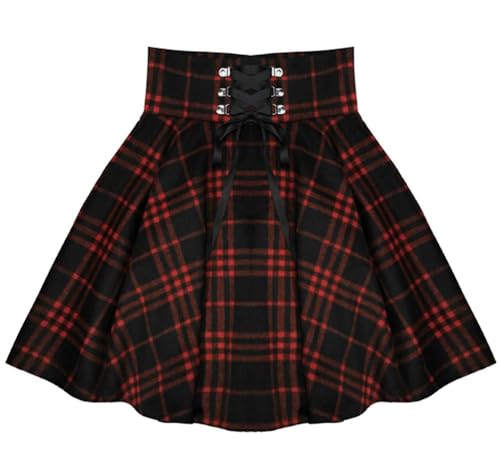 KASTWAVE Women's Gothic Punk Black Red Plaid Pleated Skirt Dress, High Waisted Short A-Line Flare Mini Skirt, Plaid Pleated Skirt for Girls, Women (Black Red, M)