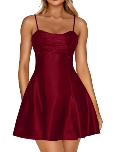 Image of LAGSHIAN Women's Summer Satin Spaghetti Strap A-line Mini Dresses Bodycon Sleeveless Silky Night Out Short Dress
