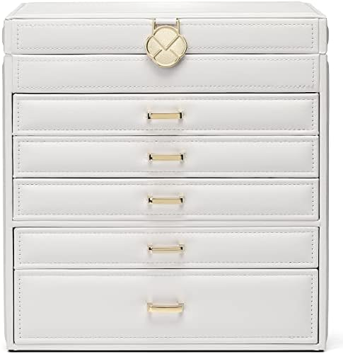 Vlando Large Jewelry Box Organizer,6-Layer Jewellry Organizer,Synthetic PU Leather Necklace Ring Earrings Storage for Women Christmas New Year Thanksgiving Gift White