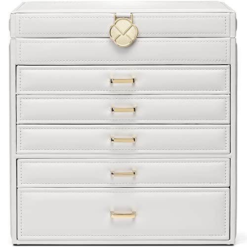 Vlando Large Jewelry Box Organizer,6-Layer Jewellry Organizer,Synthetic Pu Leather Necklace Ring Earrings Storage For Women Christmas New Year Thanksgiving Gift White #TOP10