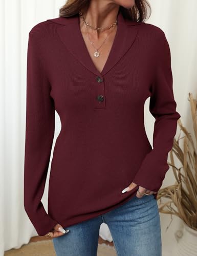 Image of LOMON Sweaters for Women 2025 Fall Knitted V-Neck Collared Button Pullover Dressy Casual Long Sleeve Polo Shirts Business