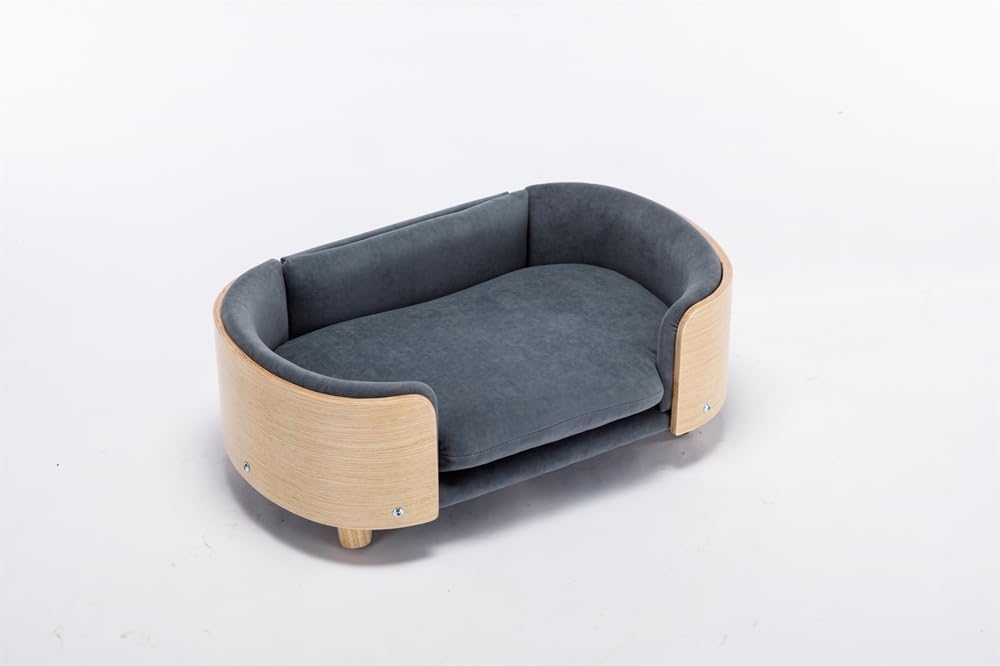 review Scandinavian Style Elevated Dog Bed Pet Sofa with Solid Wood Legs and Bent Wood Back, Velvet Cushion,Mid Size,Dark Grey
