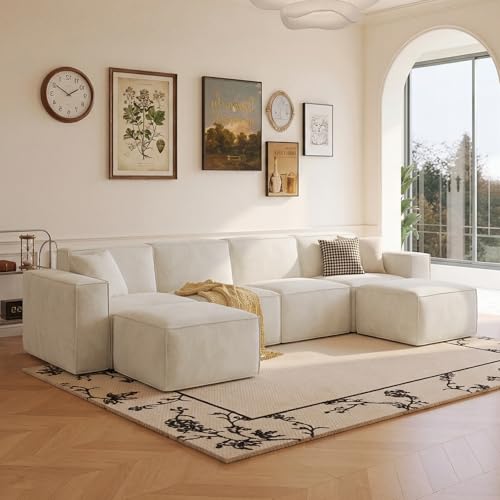 LINSY HOME Sofá esquinero con función de Cama Sofá Cama Modular de 338 cm, sofá en Forma de U, sofás modulares para salón, no Requiere Montaje (Chenilla, Blanco, 4 plazas con 2 pufs)