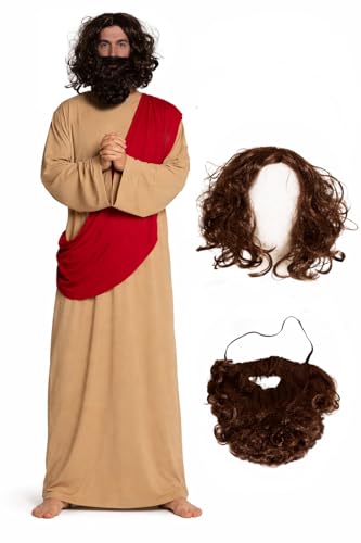 Partychimp Déguisement Jésus Homme Costume Religieux Adulte Tunique 3 Pièces avec Perruque Barbe et Écharpe Taille Unique Idéal Carnaval Halloween Soirée...
