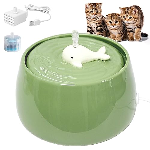 Ceramic Cat Water Fountain, 45oz/1.3L Ultra-Silent Automatic Pet Drinking Water Dispenser for Cats Indoor with Cute Design, Activated Carbon Filter, Perfect for Cats and Small Dogs (Green)