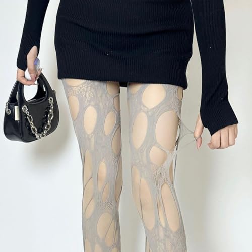 mdgfge Women's Gothic Ripped Fishnet Tights Irregular Hollow Out Hole Mesh Lace Pantyhose Y2K Stockings Halloween Party2
