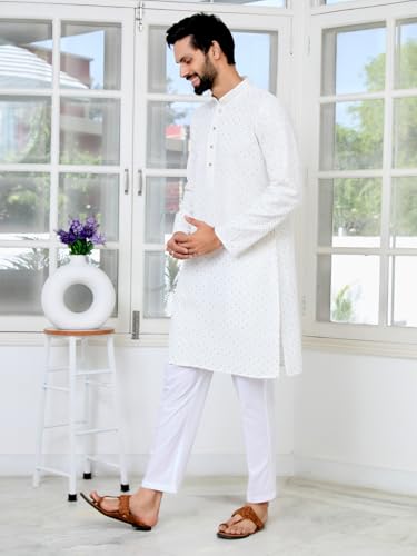 Image of See Designs Men's Full Sleeve Mandarin Collar Embroidered Thread Work Sequinned Rayon Straight Long Kurta - Festive Collection