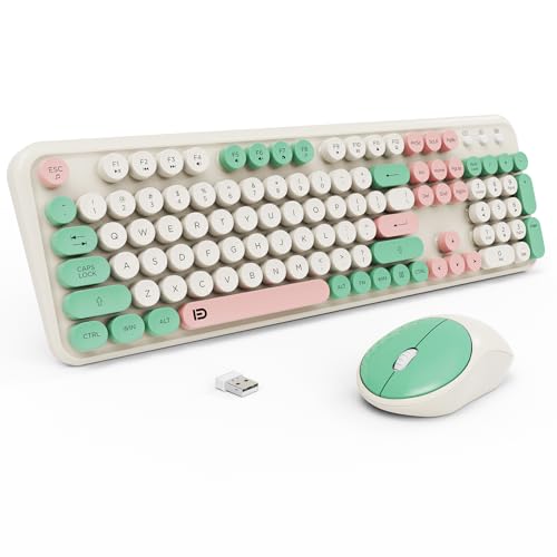 Keyboard and Mouse Wireless,2.4Ghz Retro Typewriter Style Round Keycap,Full Size Wireless Keyboard Mouse Combo,Cute Cordless Keyboard Mouse Set for PC Laptop Desktop Computer-Milk White Green Colorful