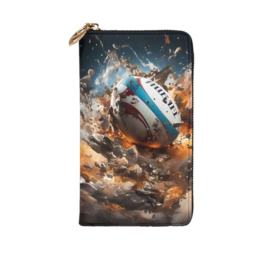 Rugby on Fire Picture Leather Long Clutch Wallet for Fashionable Girls and Women - Durable, Stylish, and Functional, Black, One Size2
