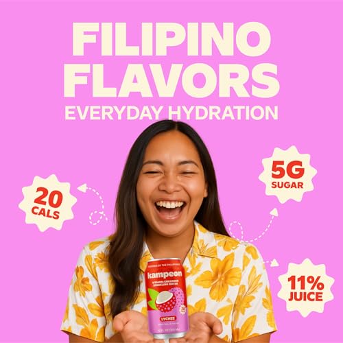 Image of Kampeon Lychee Filipino-inspired sparkling water - 12oz Cans (6-Pack) | Filipino Tropical Soda Alternative with Lychee Juice,Vitamin C, Magnesium & B6 B12 | Lightly Sweet, No Artificial Sweeteners, Caffeine-Free