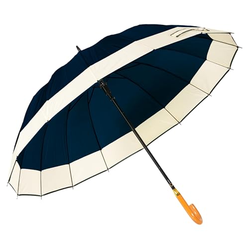 BTfash Wooden J Handle Big Size Auto Open Umbrella for Men Women & Kids | UV Protection, Waterproof, Rain, Sunlight Protection | Pack of 1 | Navy/Brown