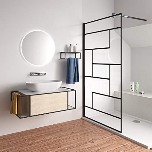 Walk In Parete Per Doccia Vetro Temperato 8mm Anticalcare Serigrafato Nero con Riquadri Barra Stabilizzatrice da 90cm Nero Opaco 100x200cm