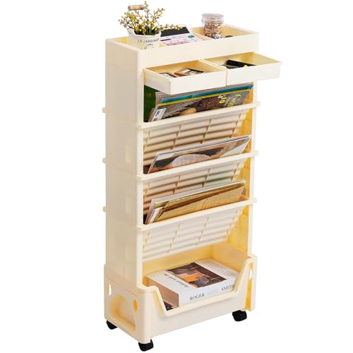 AGTEK 5 Tier Rolling Utility Cart, Book Cart with Wheels, Office Book Carts with Divided Top Shelf...
