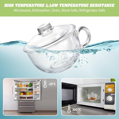 Image of PrimeWorld Glass Cereal Bowl with Handle and Lid - Clear Small Soup, Yogurt, Oatmeal Breakfast Bowl - Microwave Safe Glassware for Dessert, Pasta, Rice - 600ml Capacity-Set of 1pc
