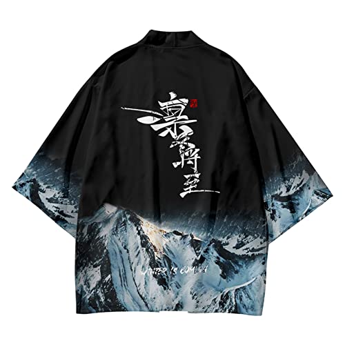 Image of DOSLAVIDA Men's Japanese Kimono Cardigan Suit Chinese Style Printed Jacket Pants Set Open Front Seven Sleeve Top & Shorts
