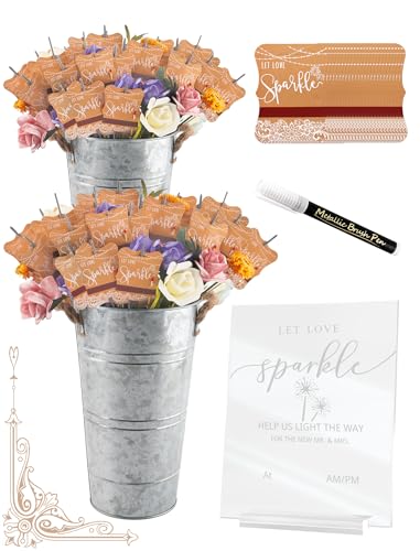 100+4 PCS Wedding Sparkle Tag & Holder Set Let Love Sparkle Send-Off Card Acrylic Sign & Marker Pen with 2 Galvanized Buckets Table Decor for Anniversary Bridal Shower Exit