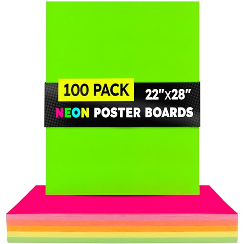 Image of Hygloss Medium Poster Board 22x28 - 100 Assorted Neon Color Bulk Pack - 10 Pt. Thickness Colored Poster Board Paper for Projects, Signs, Displays - Posterboard Multipack 22 inch x 28 inch