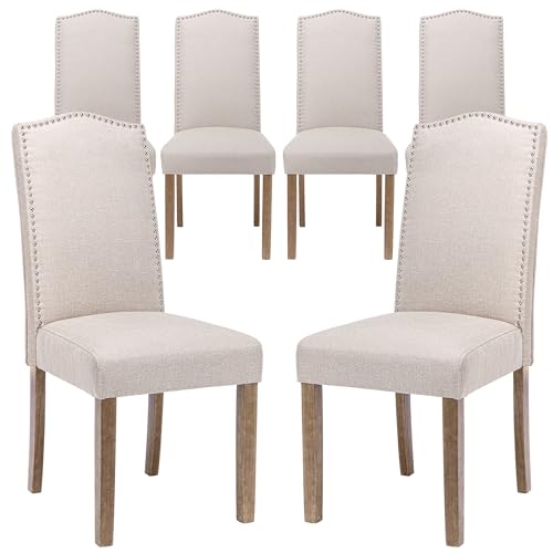 SNUGWAY Upholstered Dining Chair Modern Stylish Parsons Kitchen Diner High Back with Silver Nailhead Trim & Wood Legs, Set of 6, Fabric Beige