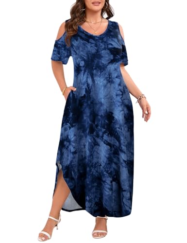 Image of JollieLovin Womens Plus Size Casual Summer Maxi Long Dress Cold Shoulder V Neck Beach Sundresses