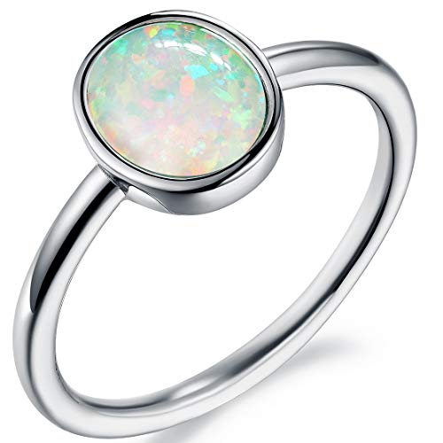 Ameroden White Oval Opal Stainless Steel Ring for Women Girls Band Jewelry Size 9