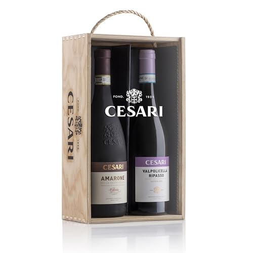 Cesari - Confezione Regalo in Legno e Plexiglass - Amarone della Valpolicella Classico DOCG 2019 e Valpolicella Ripasso DOC Superiore 2021-2 bottiglie da 750 ml