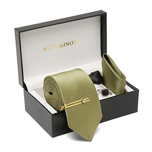 Image of MUTAQINOTI Mens Woven Premium Silk Necktie Suit Accessories Set With Pocket Square Cufflinks Brooch Golden Tie Pin (TEGP2)