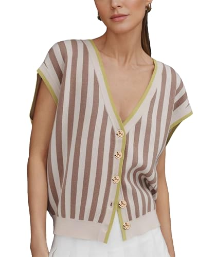 HangNiFang Womens Summer Knit Cardigan Vest V Neck Cap Sleeve Golden Button Sweater Tops