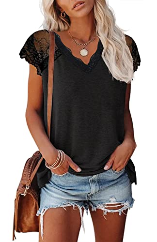 Kinlonsair Women's Crochet Lace Basic V-Neck T-Shirts Short Sleeve Loose Fitting Tunic Tank Tops #TOP1