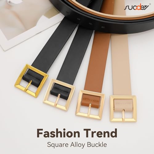 SUOSDEY Women Leather Belt for Jeans Dresses Pants Fashion Waist Belt Ladies Belts for Trendy with Gold Square Buckle — view 2