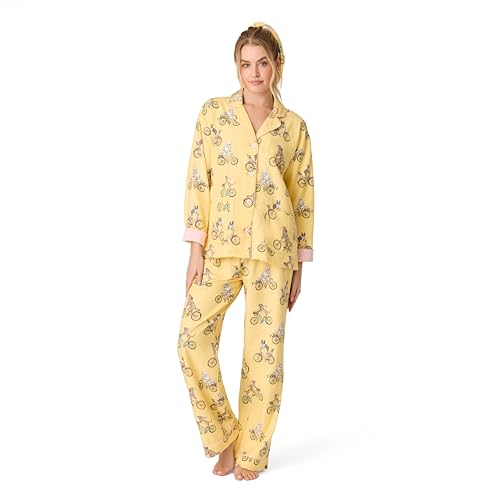 P.J. Salvage Women's Cotton Flannel Long-Sleeve Top, Pant and Headband 3-Piece Pajama Set, Sunshine, Medium
