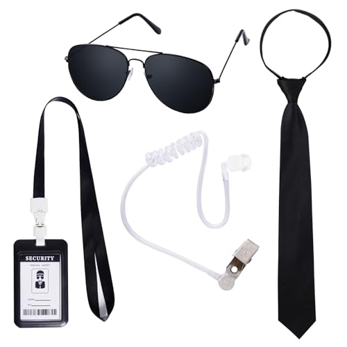 Pistha 4 Pieces Agent Costume Set Secret Security Service Costume Accessories Fake Earpiece Black Sunglasses Adjustable Zipper Ties and ID Card for Men Halloween Playing Cosplay Party