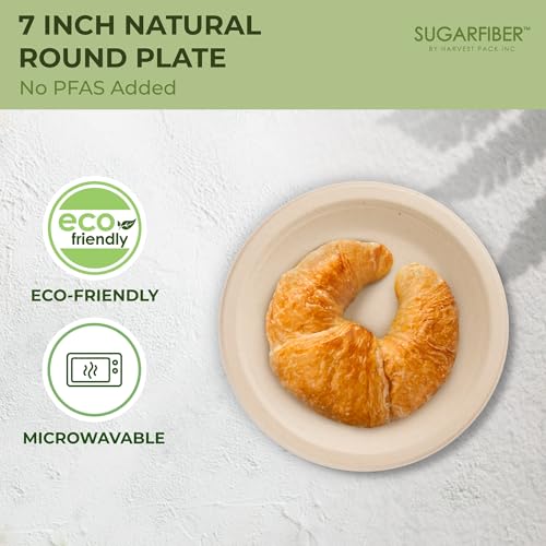[125 COUNT]Harvest Pack PFAS Free 7-inch Round Disposable Compostable Paper Plates, Small Biodegradable Heavy-Duty Natural Bagasse Plate, Made From Eco-Friendly Sugarcane Plant Fibers - Thumbnail 4