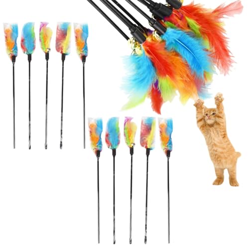 BAOSROY Canna da Gioco con Piume,10pc Giocattolo per Gatti con Piuma,Gioco Interattivo Gatto,Giocattoli Interattivo per Gatti,Bacchetta Piume Campanellino