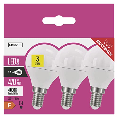 EMOS LED Lampe 5W, ersetzt 40W Glühbirne, E14-Sockel, 470lm, Neutralweiß – 4000K, Mini Globe G45, 30000 Stunden Lebensdauer, 3er Pack