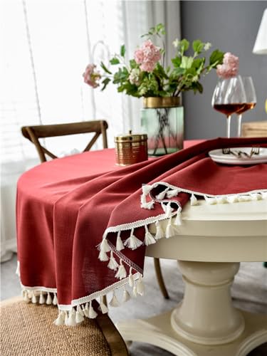 Nappe ronde 120cm rouge KnSam en polyester avec franges - 5
